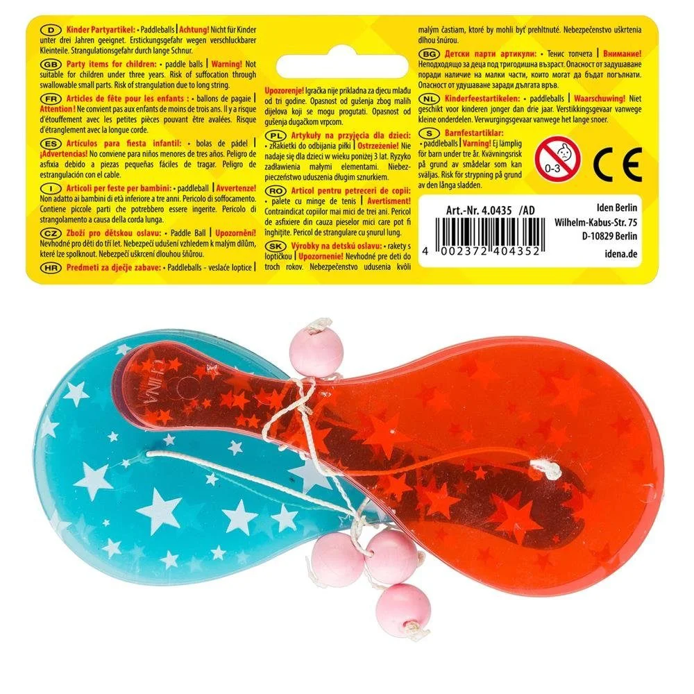 Partyspaß Paddleballs – 4 Stück, mit Kunststoff-Schlägern in rot und blau